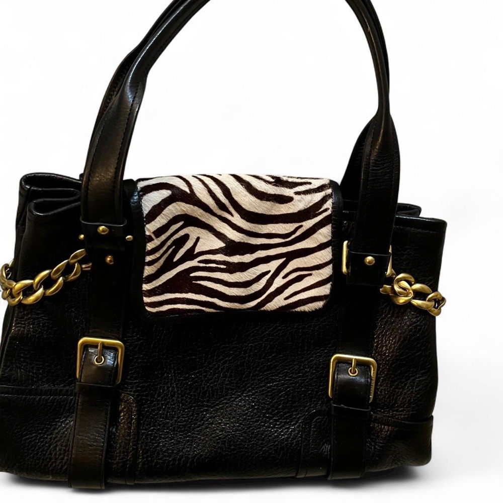 Black and White Zebra Print Shoulder Bag with Gold Accents